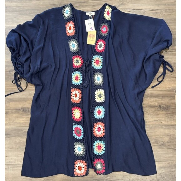 Entro Boho Crochet Trim Tie Open Front Kimono Duster XL Cover Up Patchwork NWT - Picture 4 of 9